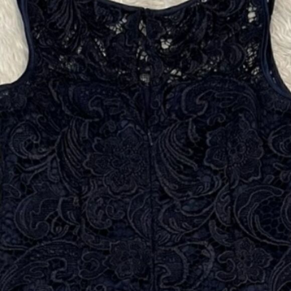 Adrianna Papell Illusion Neckline Navy Lace Sheath Dress - Picture 7 of 12